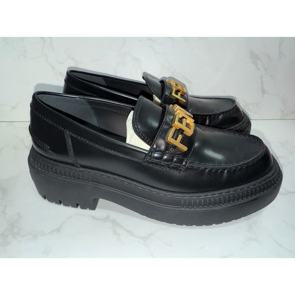 Fendi Loafers in Black with Gold Logo - Picture 3 of 6